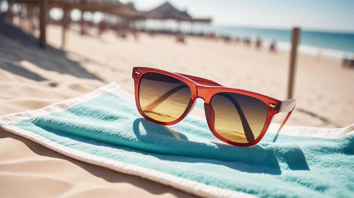  A pair of sunglasses on a towel with a beach scene blurred in the background. 