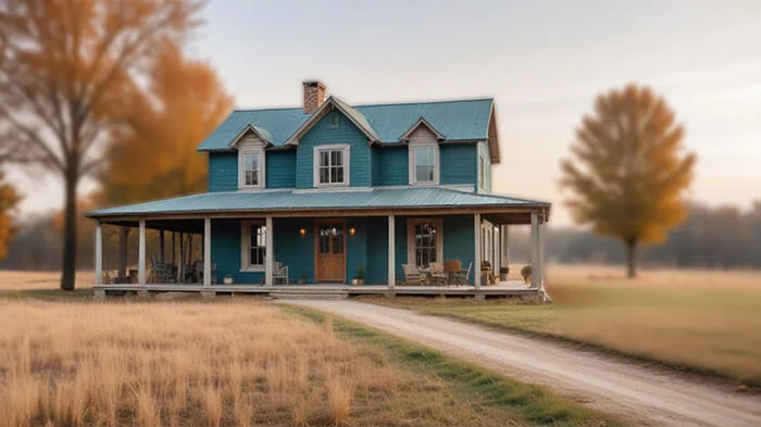  A photo of a blue house surrounded by a blurred background of a field, creating a serene atmosphere. 