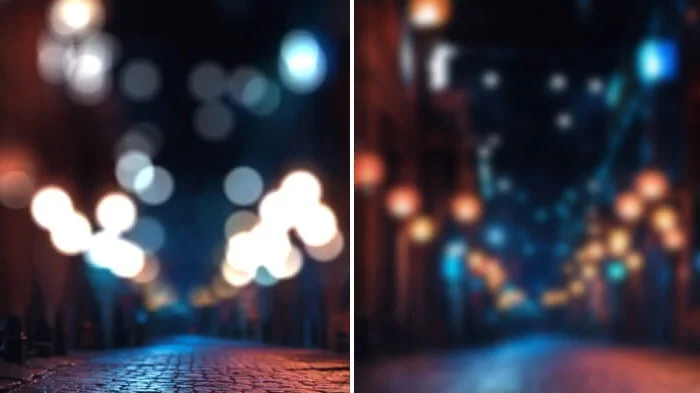 A collage of two night street images: the first shows a bokeh effect, and the second features a blur effect.