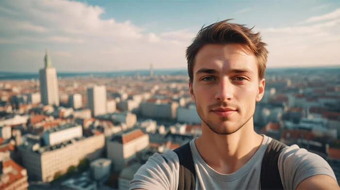 A boy’s selfie with an out-of-focus city skyline blurred background.