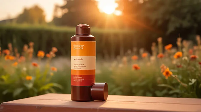  A photo of a product placed on a wooden bench, featuring a blurred garden background scene.