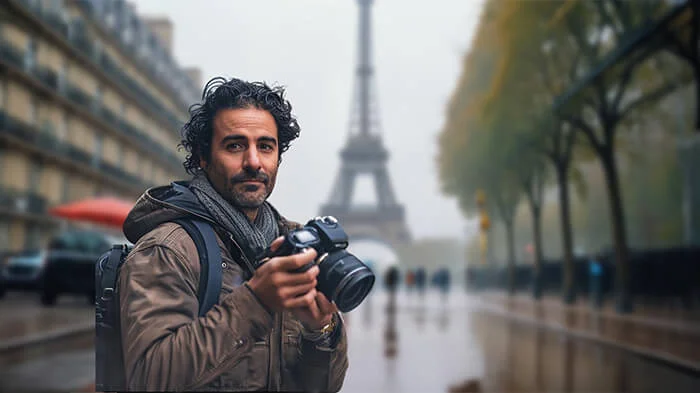 A man poses in front of an AI-generated blurred background of the Eiffel Tower. 