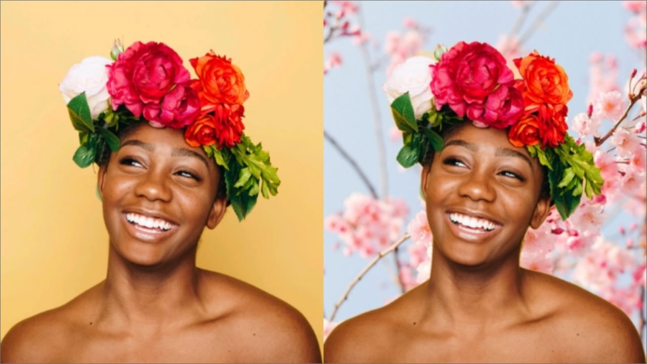 change picture background app, app to change picture backdrop, change picture background, floral backdrop, girl laughing, girl smiling, flowers. girl