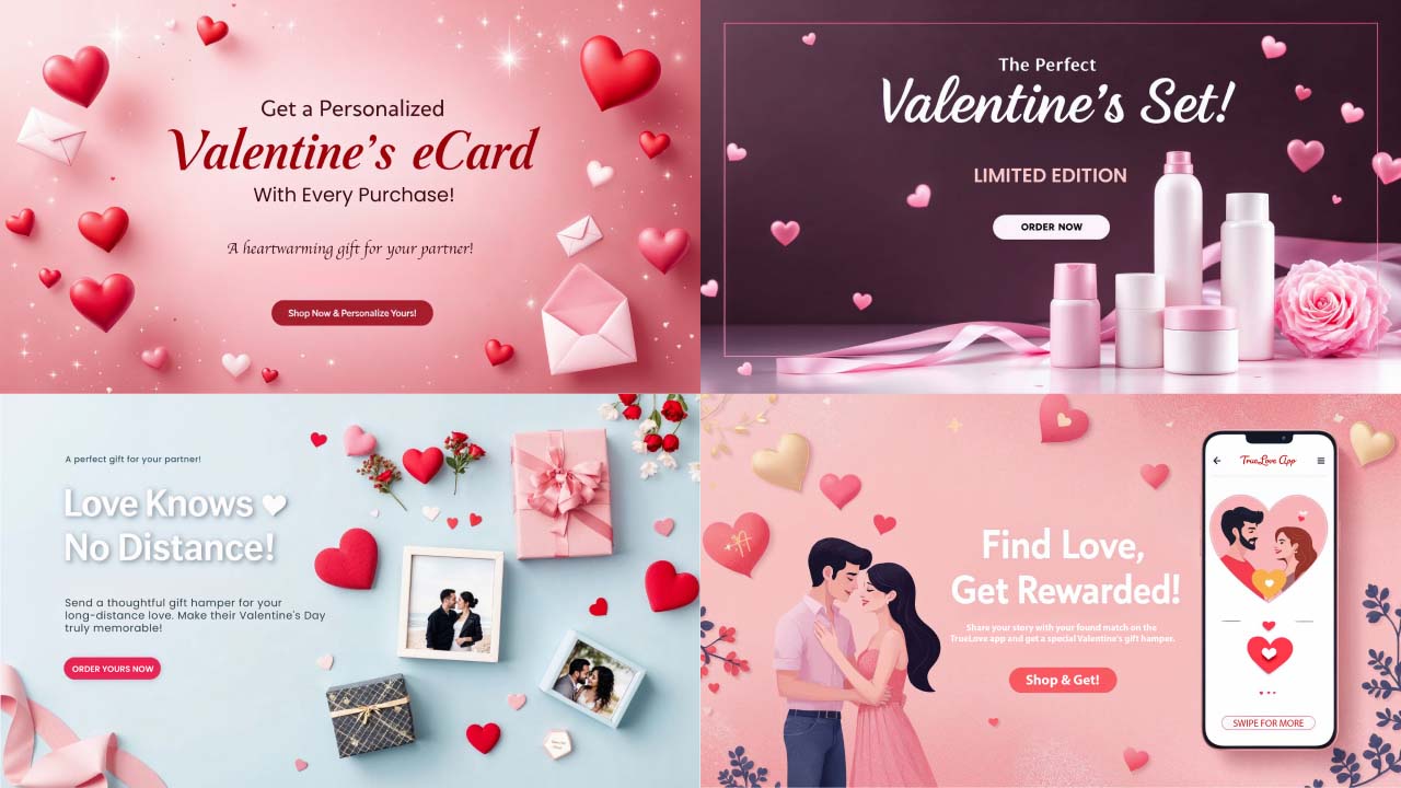 A collage of different Valentine’s Day marketing images.