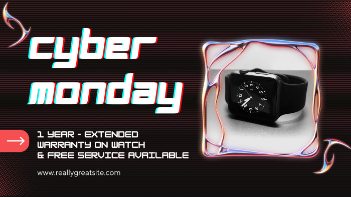 An image promoting a Cyber Monday exclusive extended warranty and free service offer on a watch.