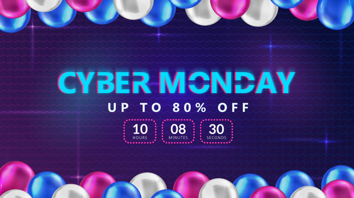 An image promoting a countdown timer for the Cyber Monday offer of up to 80% off.