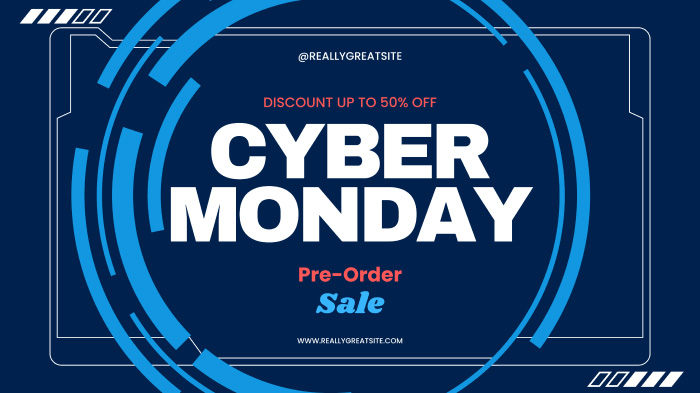 An image promoting a Cyber Monday pre-order offer with a discount of up to 50%