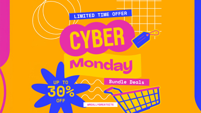 An image promoting Cyber Monday bundle deals with up to 30% off. 