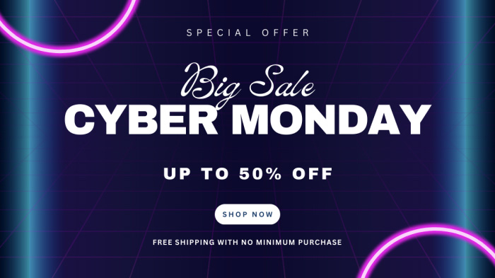 An image promoting a Cyber Monday special offer of up to 50% and free shipping with no minimum purchase limit. 