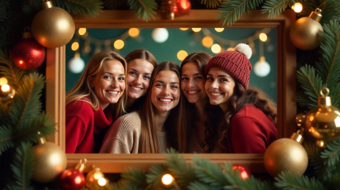  A Christmas party photo in a frame featuring ornaments, glittery baubles, and twinkling bells.