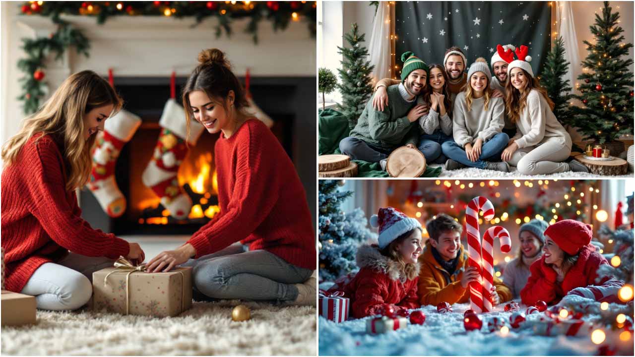 A collage of different Christmas backdrop ideas.