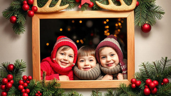 A Christmas photo of kids displayed in a frame with reindeer antlers as the design.