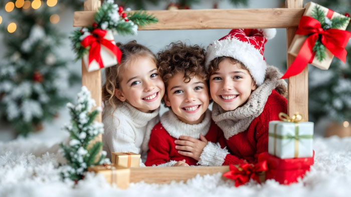 A cheerful photo of kids in a Christmas frame decorated with Christmas gift wrap patterns.