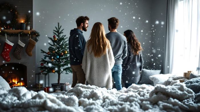 An image featuring a group of people in a winter wonderland Christmas backdrop scene.