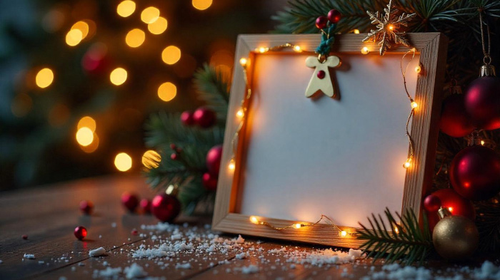  A Christmas light photo displayed in a frame adorned with snowflakes and glittery sparkles.