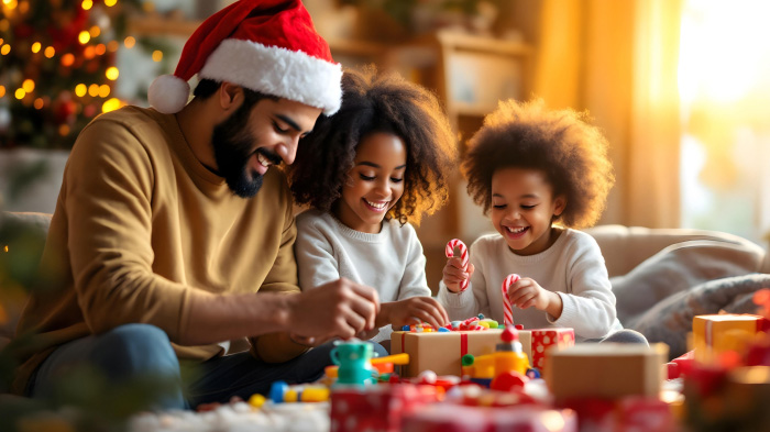 An image of a family in a cute Santa’s workshop scene with toys, candy canes, and wrapped gifts.