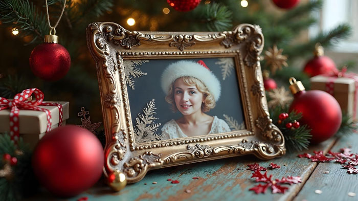 A vintage Christmas photo displayed in a frame with lace accents and antique-style ornaments.