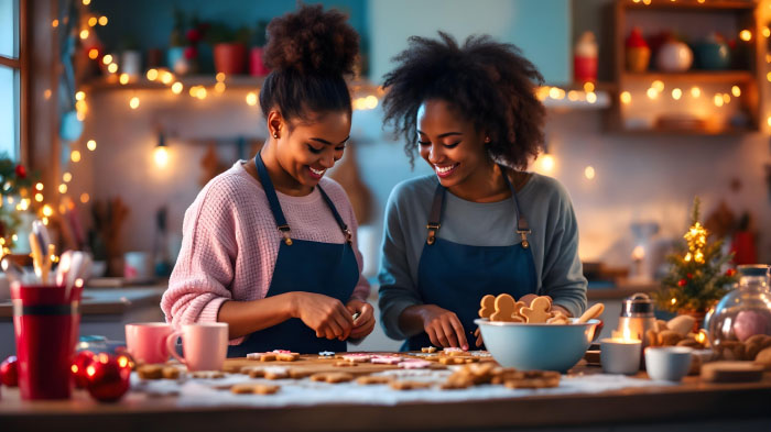 An image featuring two women in a cozy holiday kitchen setting making gingerbread men cookies.