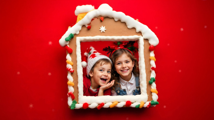  A Christmas photo of kids enjoying candid moments in a frame designed like a gingerbread house with faux frosting and tiny candy canes.