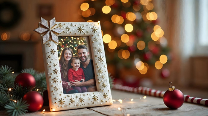 A holiday celebration photo in a frame with metallic starburst accents in gold, silver, or bronze.