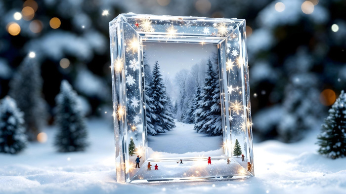 An outdoor snowy Christmas photo in a frame styled like a snow globe with clear resin, glitter, and tiny figurines.