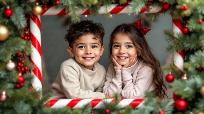 A candid couple photo of kids in a Christmas frame designed with a candy cane pattern.