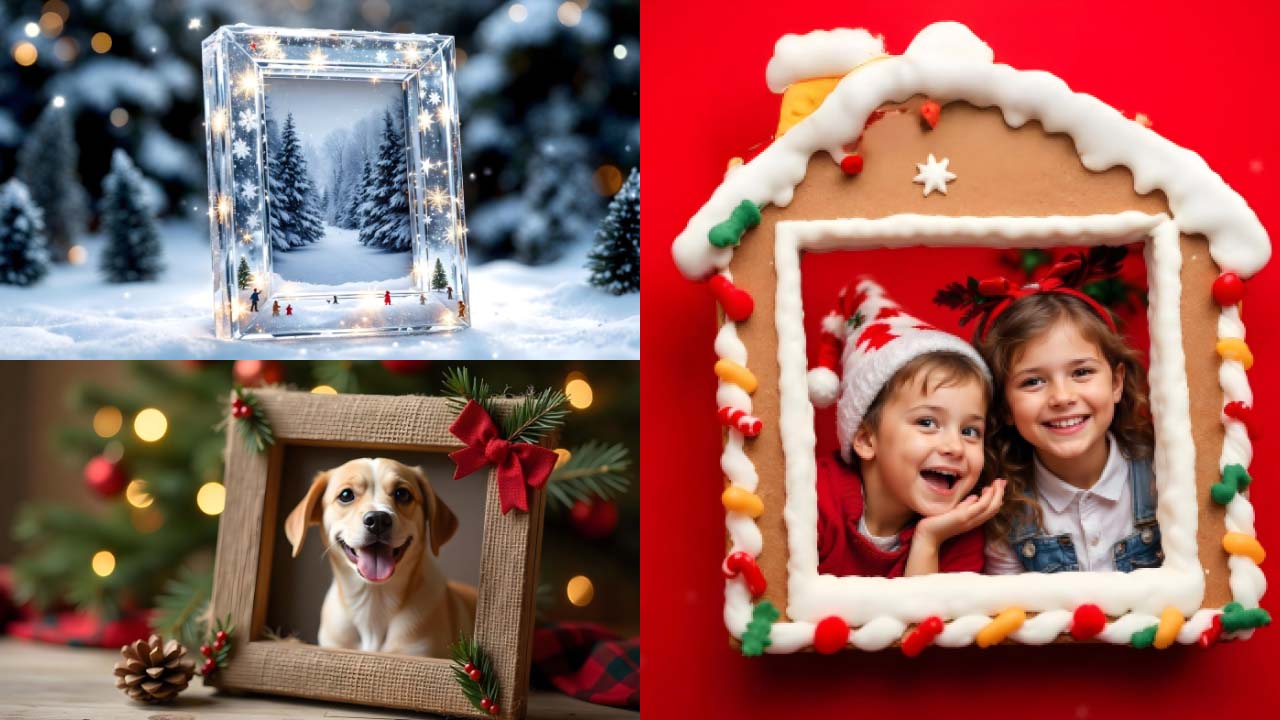 A collage showcasing various Christmas frame ideas, featuring images from the blog, each with unique festive designs.