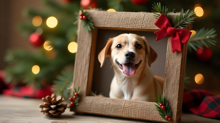 A pet’s Christmas photo framed with rustic burlap and plaid fabric for a cozy, festive touch.