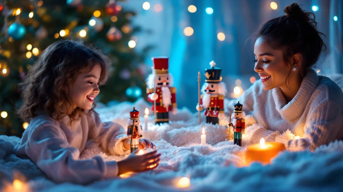 An image of people in a nutcracker ballet wonderland Christmas scene featuring sparkly background and nutcracker figurines.