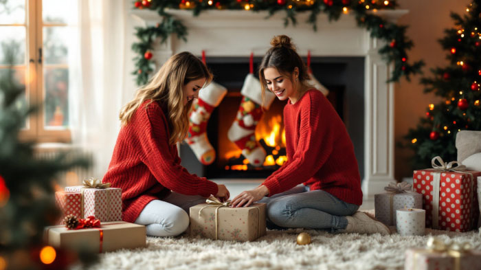 A Christmas backdrop idea, featuring two women sitting on a rug in front of a fireplace with stockings.