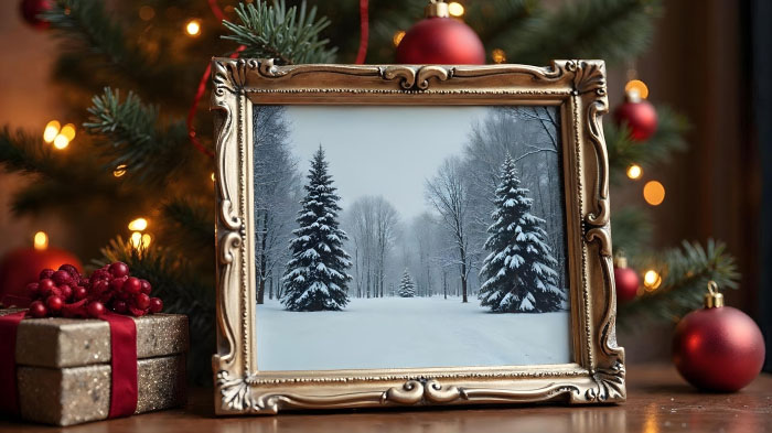 A winter landscape Christmas photo in a frame with elegant gold or silver trim.