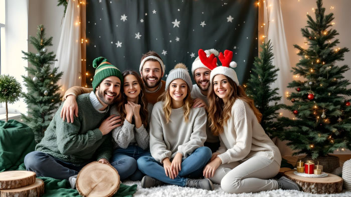 An image of a group of people posing in front of a winter forest photo booth with pine trees, a green blanket, and wood slices.