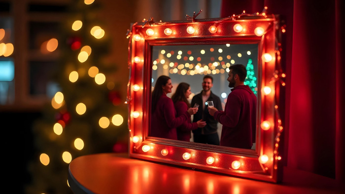 A Christmas party photo framed with LED lights wrapped around the edges.