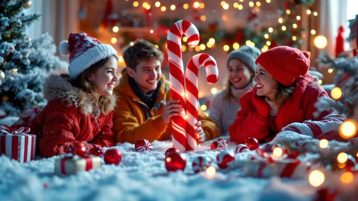 An image featuring people in a red-and-white candy lane-themed Christmas backdrop scene. 