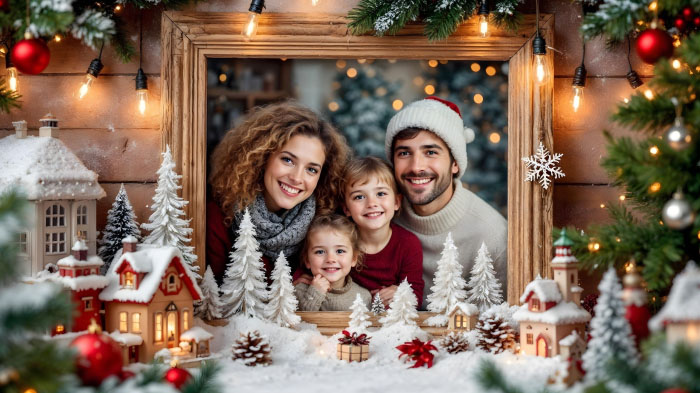 A family Christmas photo in a frame designed like a Christmas village scene.