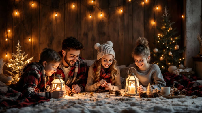 An image of people in a Christmas backdrop setting of a rustic cabin with plaid blankets, pinecones, and lanterns. 