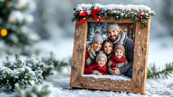 A family Christmas photo framed in rustic wood, decorated with faux snow and a tiny red bow.