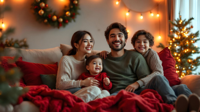 An image of a happy family in a classic red and green Christmas set-up.