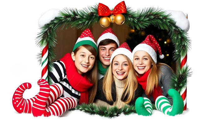 A group photo of friends in a Christmas frame decorated with elf-themed accents, including elf shoes, faces, hats, and bells.