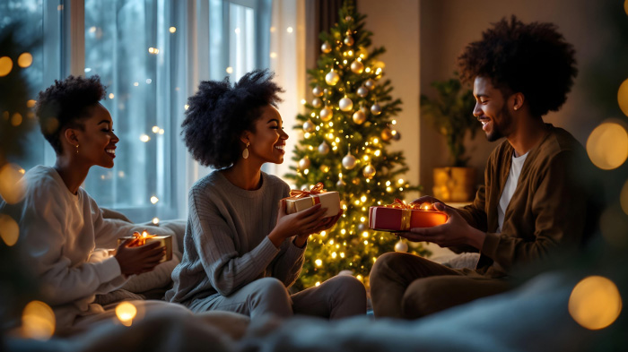 An image of people exchanging gifts and posing in a modern minimalist Christmas scene.