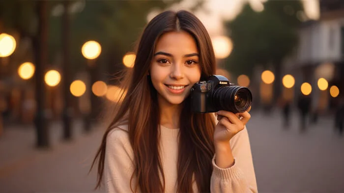 A woman stands in front of a city street, with a soft bokeh effect in the background. 