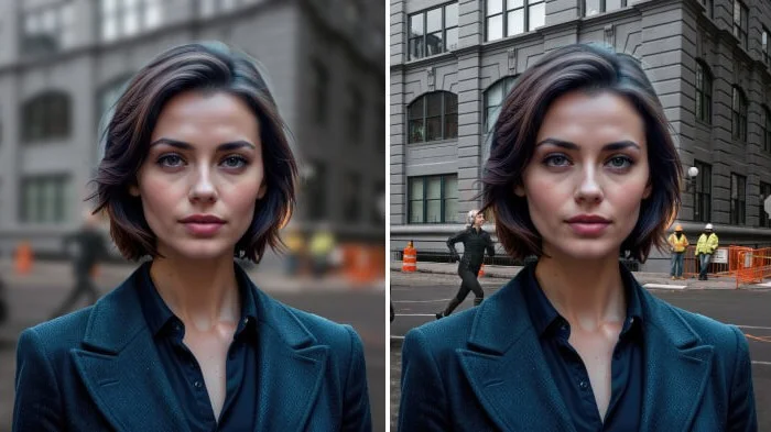 A collage showing a woman with two different backgrounds, one with a blur effect and the other without a blur effect. 