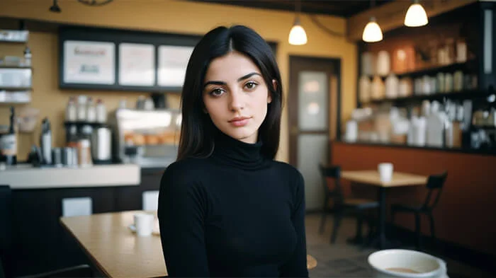 A woman's portrait with a blurred background of a coffee shop generated by AI. 