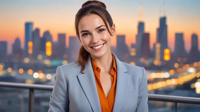  A professional profile picture of a woman in front of a softly blurred city background. 