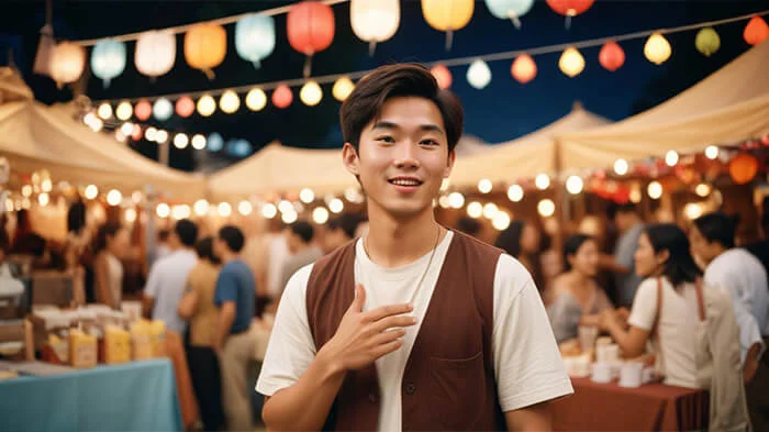  A man stands before a blurred crowded event background, focusing attention on him. 