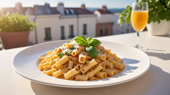 A photo showcasing a plate of penne pasta and AI blurred buildings in the background. 