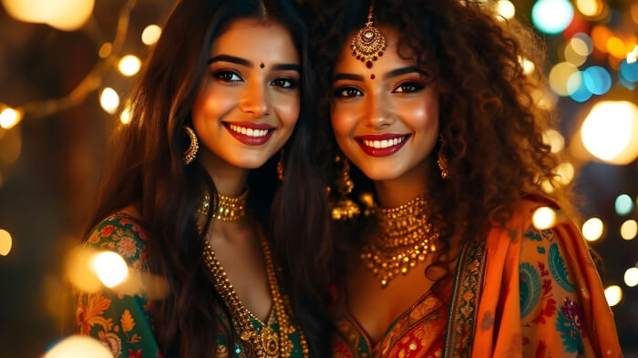 Diwali shoot for jewelry with two girls showcasing festive accessories