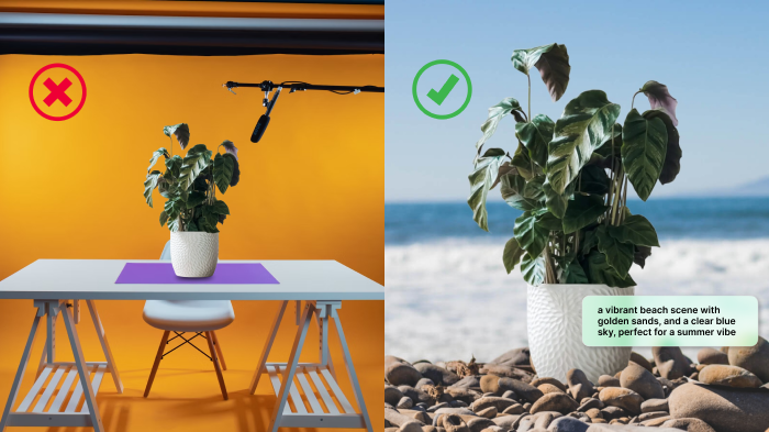 A side-by-side comparison of a traditional product photoshoot with heavy setup versus a one-click AI-generated shoot.