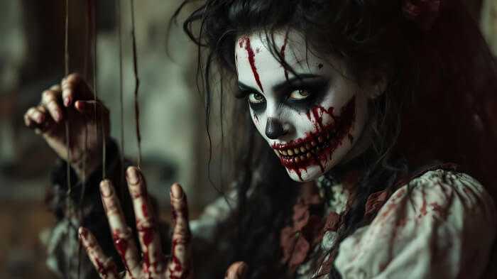 A woman in a vintage bloody puppet Halloween costume and makeup with fake strings attached to her fingers.