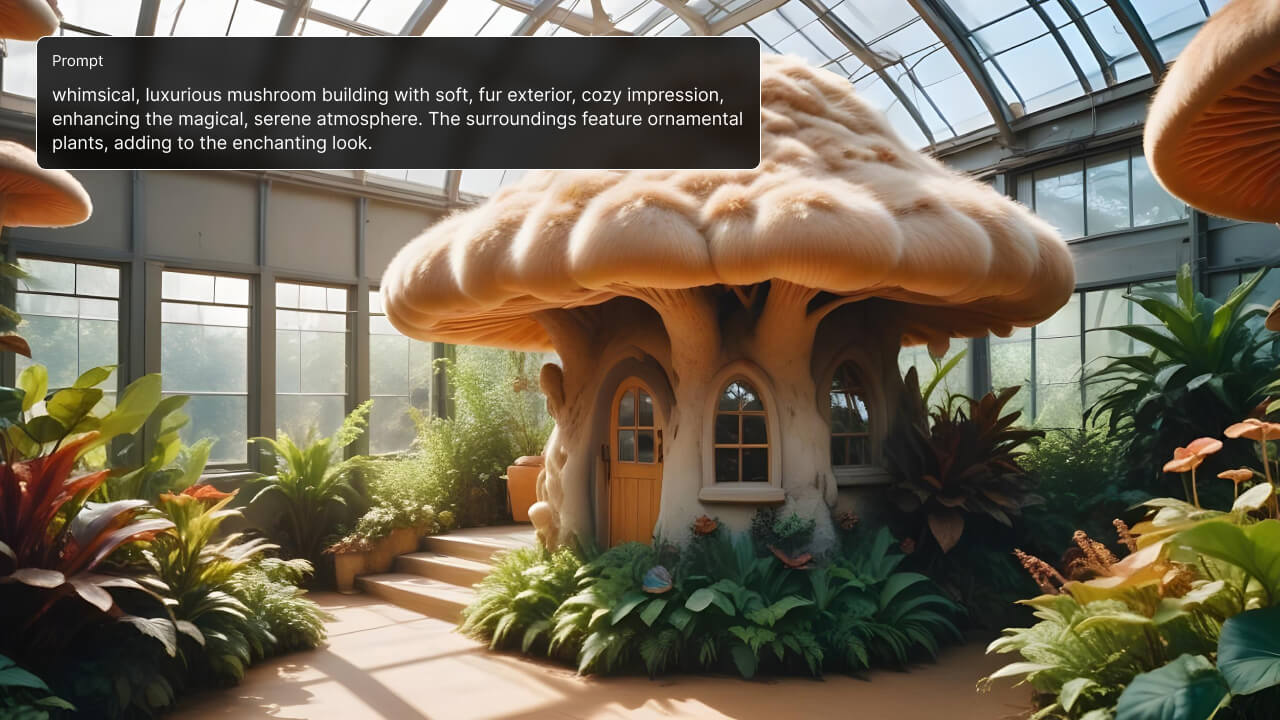 An AI image of a mushroom-shaped building surrounded by lush plants, generated using a text prompt in LightX.